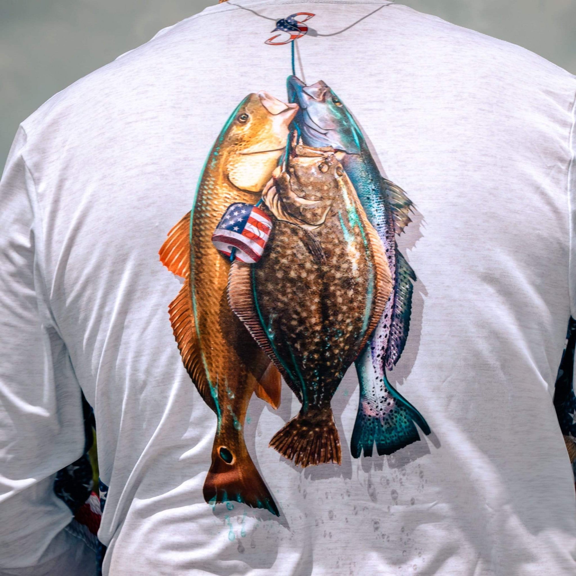 American Flag Stringer Redfish, Trout & Flounder Long Sleeve Fishing Shirt Youth Large,SaltyScales